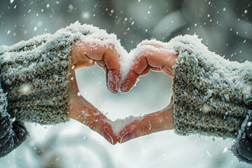 Two hands making a heart shape for San Valentine’s Day. In the snow. Love. Love-shapred hands