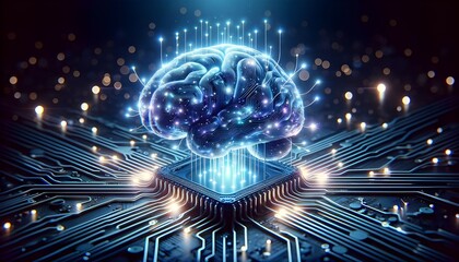 A computer-generated image of a brain sits atop a circuit board, suggesting a fusion of biological and technological intelligence.