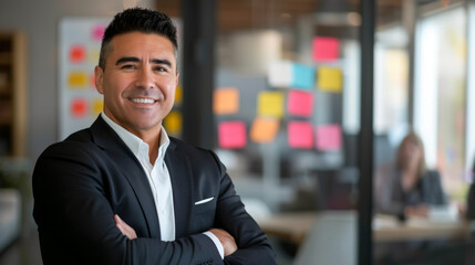 confident young businessman standing in an office with his arms crossed.