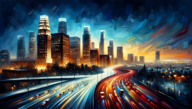A painting of a vibrant city at night, with a highway leading towards brightly lit buildings under a deep blue, cloudy sky.