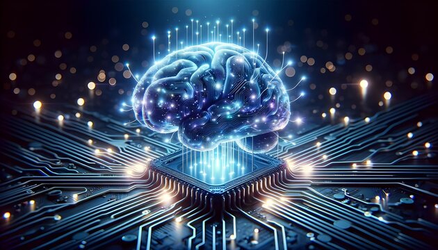A computer-generated image of a brain sits atop a circuit board, suggesting a fusion of biological and technological intelligence.