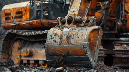 This photo showcases a detailed close-up of a bulldozer as it moves through a large pile of dirt. The bulldozers bucket is filled with earth, highlighting the heavy-duty machinery in action