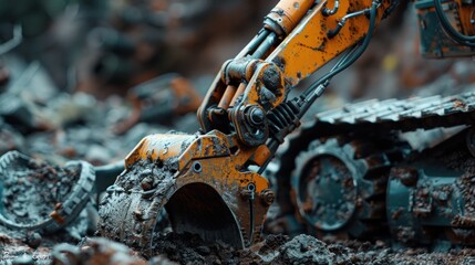 This image showcases a toy excavator up close, with its bucket submerged in thick mud. The intricate details of the excavator and the mud create a realistic scene