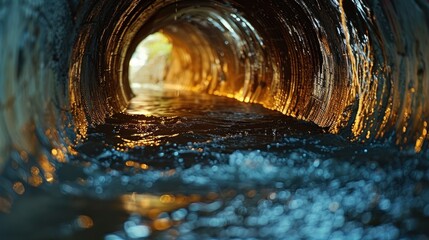 A long tunnel drainage with water gushing out of it, creating a powerful and dynamic scene. The water cascades down, creating a mesmerizing sight as it flows out of the tunnel opening - obrazy, fototapety, plakaty