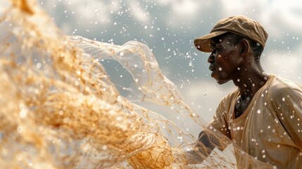 A man stands next to a fishing net in the water, preparing to cast it in hopes of catching fish. The scene captures the simplicity and routine of traditional fishing practices