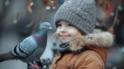 A young girl stands next to a pigeon, looking curiously at the bird in a park setting. The pigeon appears unfazed, pecking at the ground for food while the girl observes - Powered by Adobe