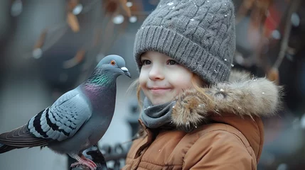 Fotobehang A young girl stands next to a pigeon, looking curiously at the bird in a park setting. The pigeon appears unfazed, pecking at the ground for food while the girl observes © FryArt Studio