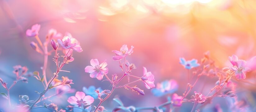 banner field with wildflowers, beautiful pink sunrise, sunset, blossom, concept spring, summer, natural background © iloli