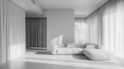 Fototapeta na wymiar This black and white photo captures a modern living room featuring a white sofa in a minimalist interior. The room is elegantly decorated with simple yet stylish furniture and accessories