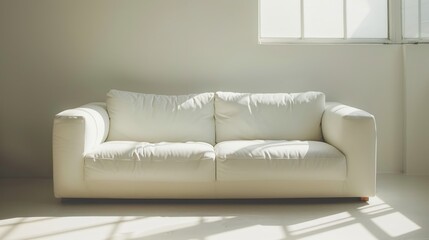 A white couch sits in a room next to a window, creating a simple and elegant interior design