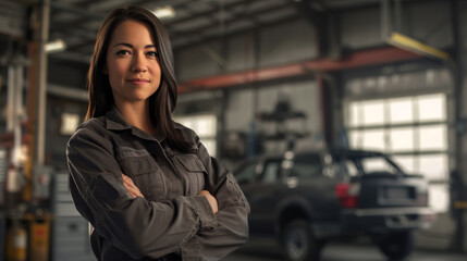 Fototapeta premium confident woman wearing a mechanic's uniform, standing with her arms crossed in an auto repair shop with a car lifted in the background.
