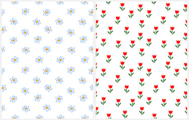 Cute Irregular Hand Drawn Floral Seamless Vector Patterns with Daisies and Tulips. Tiny Childish Drawing-like Blue and Red Flowers on a White Background. Infantile Style Floral Repeatable Print. RGB.