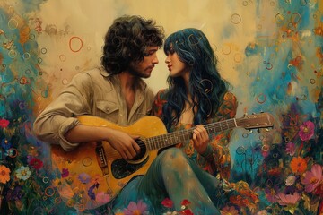 A colorful illustration of a couple with a guitar - obrazy, fototapety, plakaty