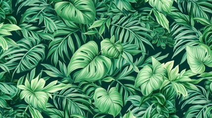 Vibrant and lush, this tropical background features an array of jungle plants, creating an exotic pattern adorned with vivid palm leaves for a captivating visual experience.