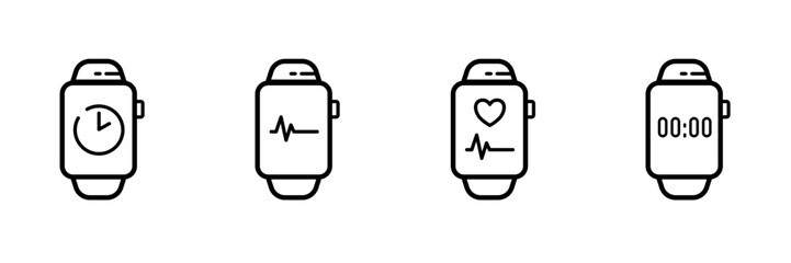 Smartwatch for tracking physical fitness and telemedicine - set of vector icon
