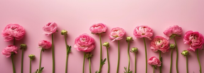banner Pink roses ranunculus on pink background, top view, background for congratulations