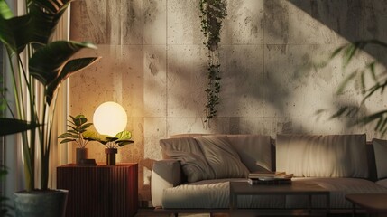 Enter a modern living room with a plant concrete wall interior design, where sleek furnishings and clean lines complement the industrial aesthetic of the concrete wall