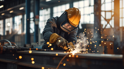 worker in protective gear using a welding tool on metal, with sparks flying around in an industrial setting.