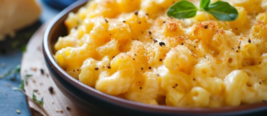 Delicious bowl of macaroni topped with savory cheese and aromatic herbs on wooden table