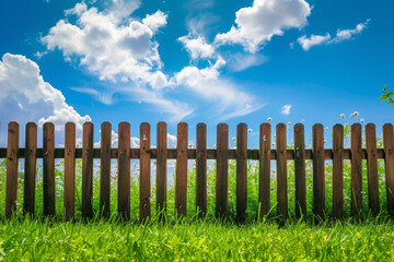 Fototapeta premium Garden fence with green grass and blue sky at summer day, Wooden fence to protect the backyard