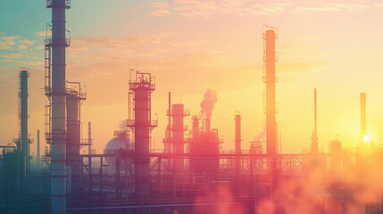 Fototapeta premium industrial landscape at sunset with multiple smokestacks emitting large amounts of smoke, highlighting environmental concerns related to air pollution.
