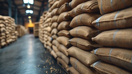 Several sacks of rice in a large warehouse For sale to customers in import-export logistics businesses.