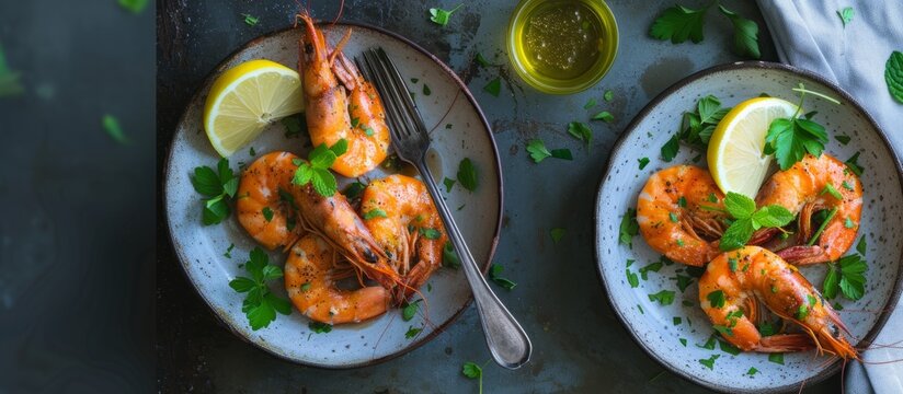 Fresh seafood dish: two plates of shrimp garnished with lemon and parsley