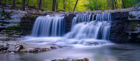 Majestic waterfall streaming through lush green forest in scenic wilderness