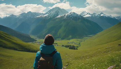 Fototapeta premium Hiker looking to green landscape of mountains