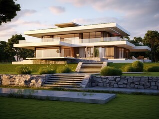Fototapeta premium A large modern house with a stone wall and steps leading up to it, showcasing a blend of contemporary architecture and traditional elements.