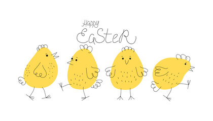 Set of cute yellow chickens. Inscription, calligraphy. Cartoon funny chicks. Hand drawn linear icons. Easter design. Animals, doodle style. Domestic bird. Vector illustration, isolated objects.