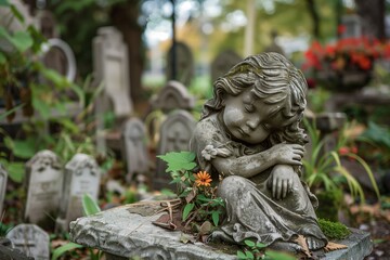Fototapeta na wymiar an unusual statue tombstone of a sleeping child
