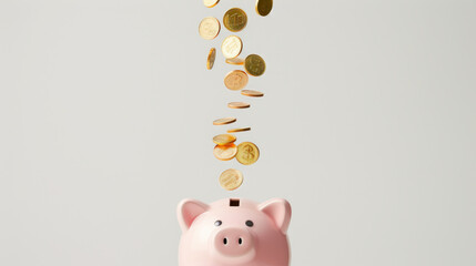 pink piggy bank with coins seemingly falling into it, a visual metaphor commonly used to represent savings or investments.