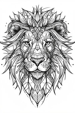 Dibujo de León tribal monocromo para colorear o impresión. Ilustración de cabeza de león en blanco y negro.