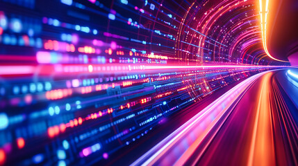 Fototapeta na wymiar Speed of light through a futuristic tunnel: Blurred lines and neon illumination convey the rapid movement and connectivity of the digital age