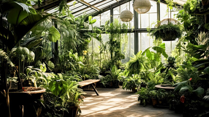 Indoor botanical garden flourishes with lush greenery, bathed in sunlight pouring through panoramic windows, offering a refreshing and natural backdrop.