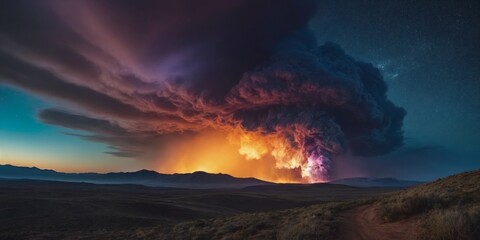 A trippy landscape, delirium, chaotic storm of liquid smoke, scenery, starry sky