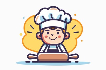 A cartoon baker with a chef's hat and a rolling pin, vector flat icon illustration, Modern Line Icon, bold lines, vibrant color, linear patterns, isolate on white