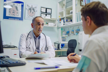 Doctor explaining medical report to patient in clinic.