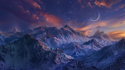 A breathtaking mountain vista as night falls, the sky ablaze with the colors of sunset fading into the deep blues of twilight, a crescent moon rises above the horizon
