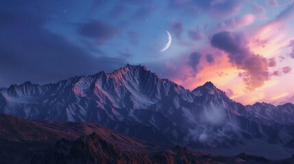 A breathtaking mountain vista as night falls, the sky ablaze with the colors of sunset fading into the deep blues of twilight, a crescent moon rises above the horizon