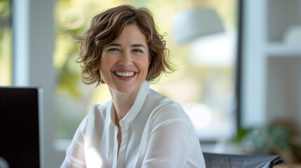 cheerful woman , wearing a white blouse and a necklace, smiling and looking at a laptop screen