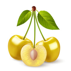 Isolated yellow cherries on one stem with green leaf. Three sweet cherry fruits on one stem, one cut in half with a pit - 739455908