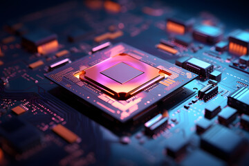 Glowing CPU Chipset on Electronic Motherboard