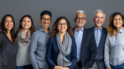 group of smiling professionals, both men and women, standing in a line and dressed in business casual attire