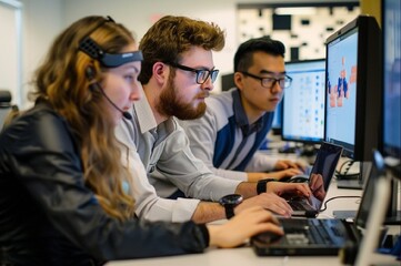 Photo of  data scientist group working at laptop