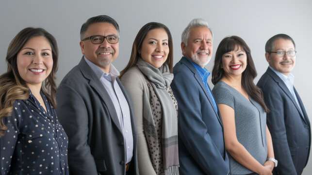 group of smiling professionals, both men and women, standing in a line and dressed in business casual attire