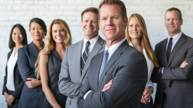 group of smiling professionals, both men and women, standing in a line and dressed in business casual attire