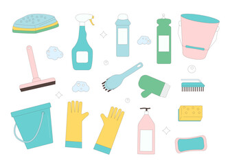 Cleaning tools set isolated on white background. Wash house items and equipment collection. Sponge, gloves and brushes with soap bottles for cleanup. Vector illustration with outline