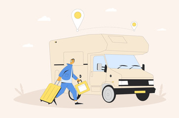 Travel alone. Man with caravan, camper trailer. Road trip weekend. Summer holiday journey. Vector flat illustration